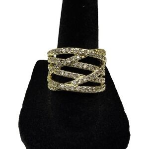 Gold Tone Pave Crystal Multi-Band Crisscross Statement Ring Jewelry Sz 6.5